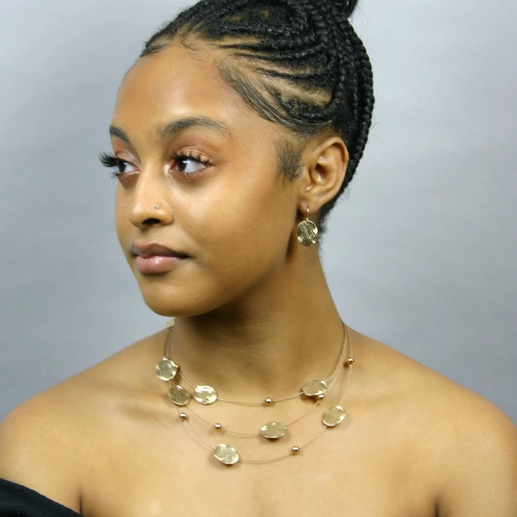Sika 3-tier Wire, Hammered Round Disc Necklace & Earrings Set