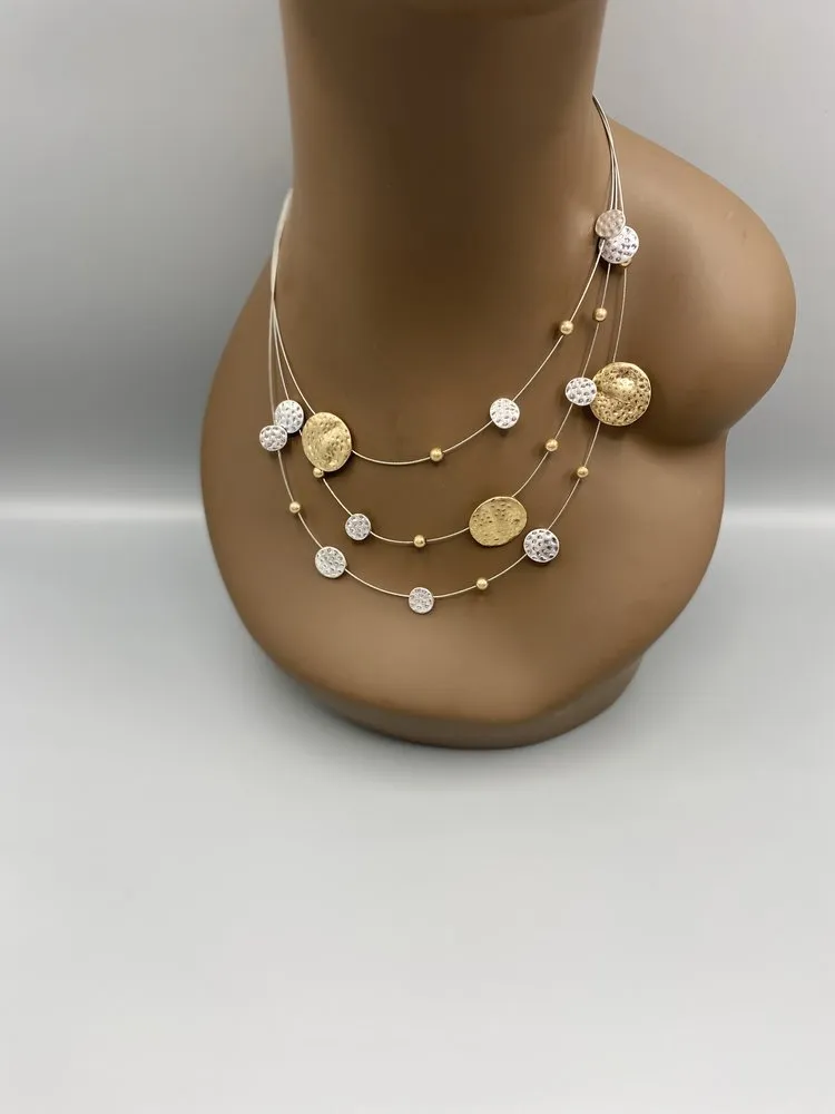 Sika 3-tier Wire, Hammered Round Disc Necklace & Earrings Set