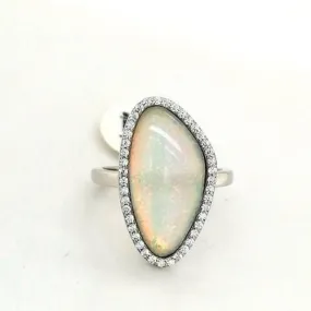 Silver Oblong white Opal and CZ Ring