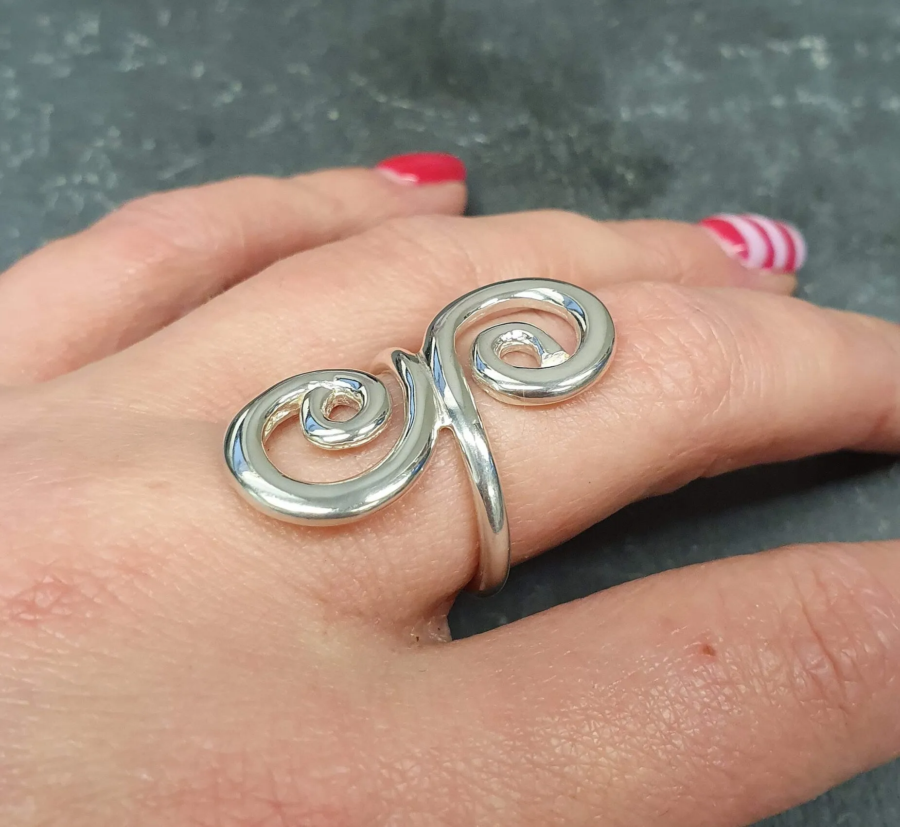 Silver Swirl Ring - Silver Spiral Ring - Long Statement Ring