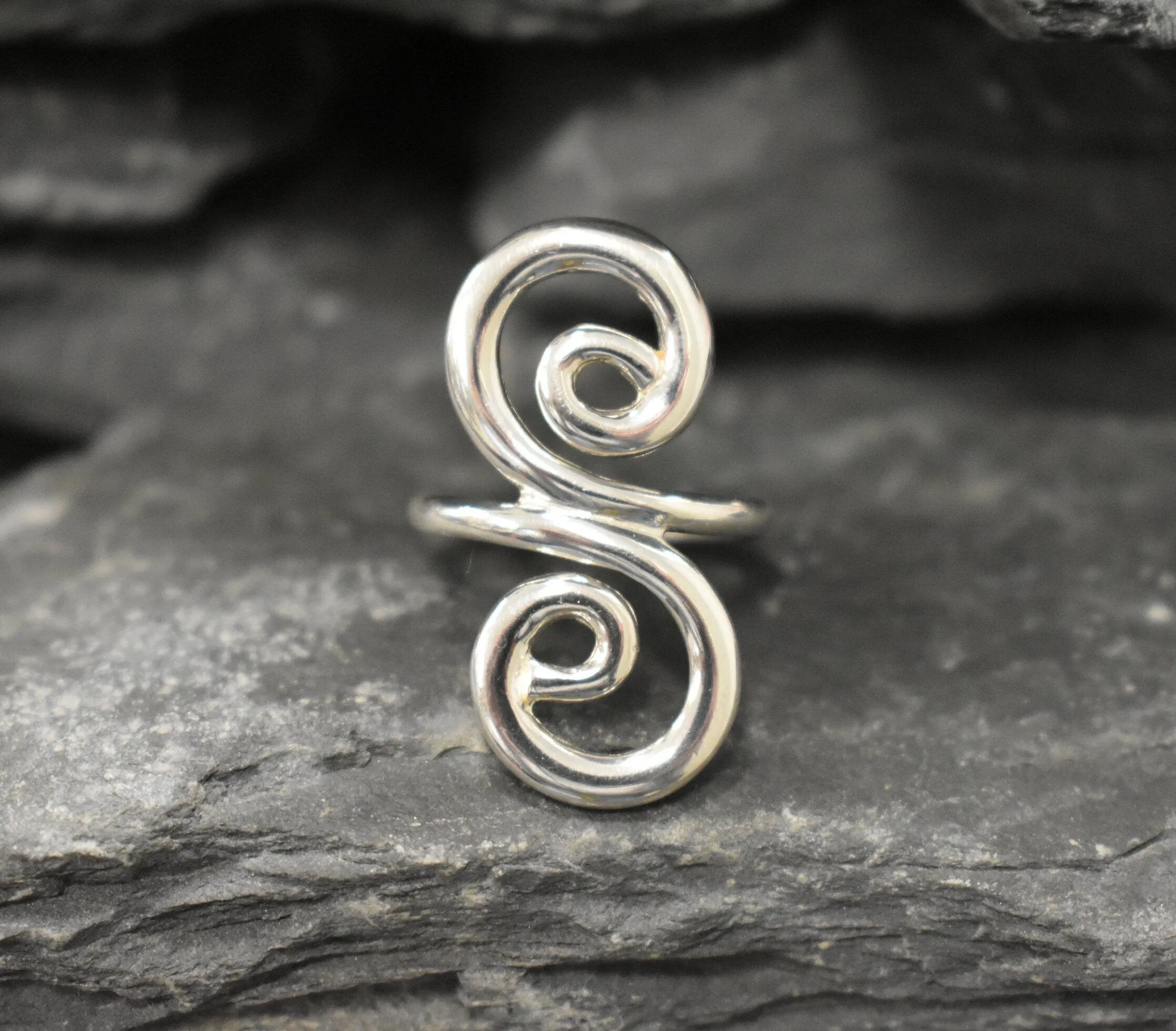 Silver Swirl Ring - Silver Spiral Ring - Long Statement Ring