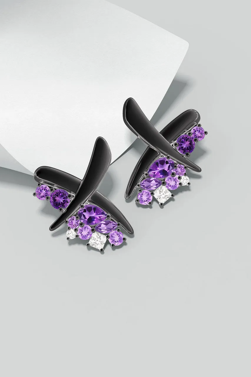 Sumi Stroke Midnight Silver Waterfall Amethyst Ombre Stud Earrings