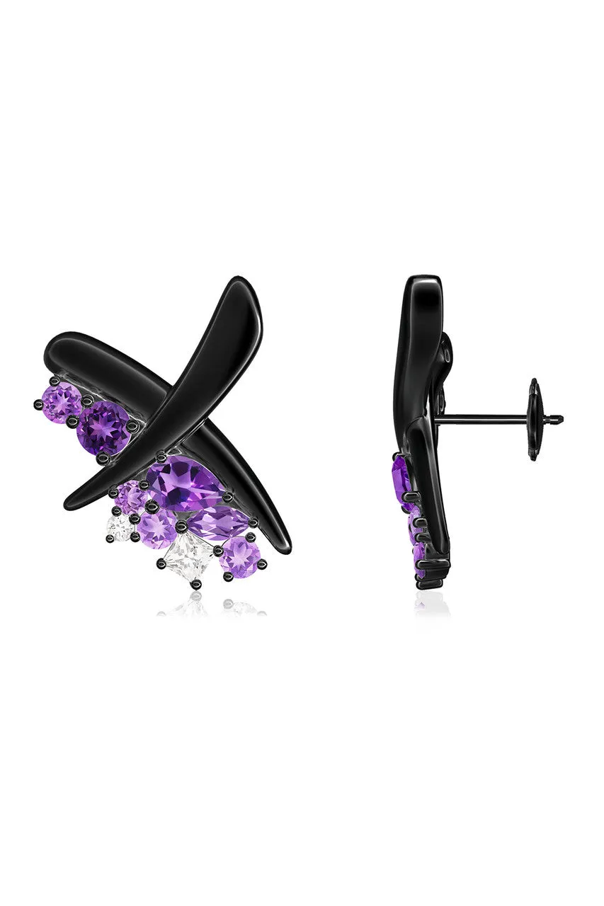 Sumi Stroke Midnight Silver Waterfall Amethyst Ombre Stud Earrings