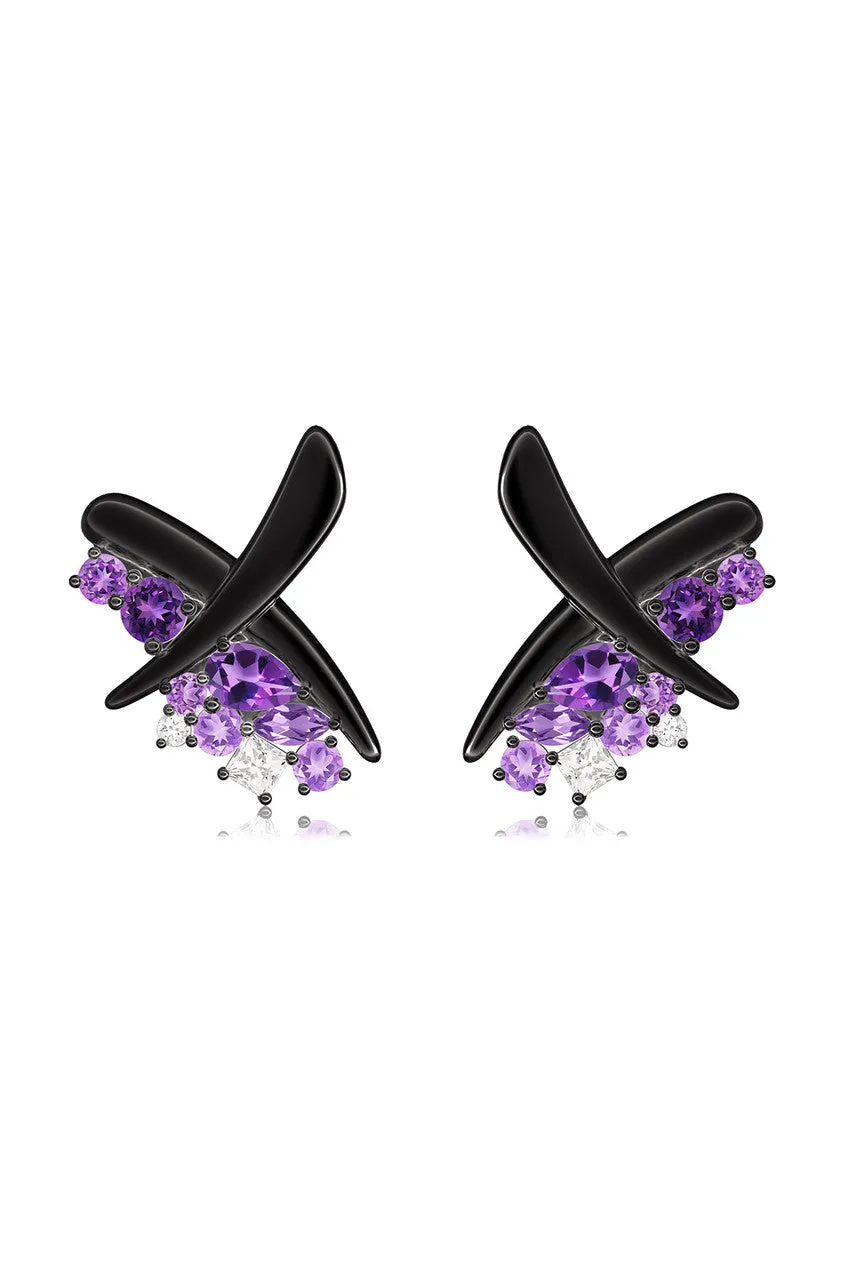 Sumi Stroke Midnight Silver Waterfall Amethyst Ombre Stud Earrings