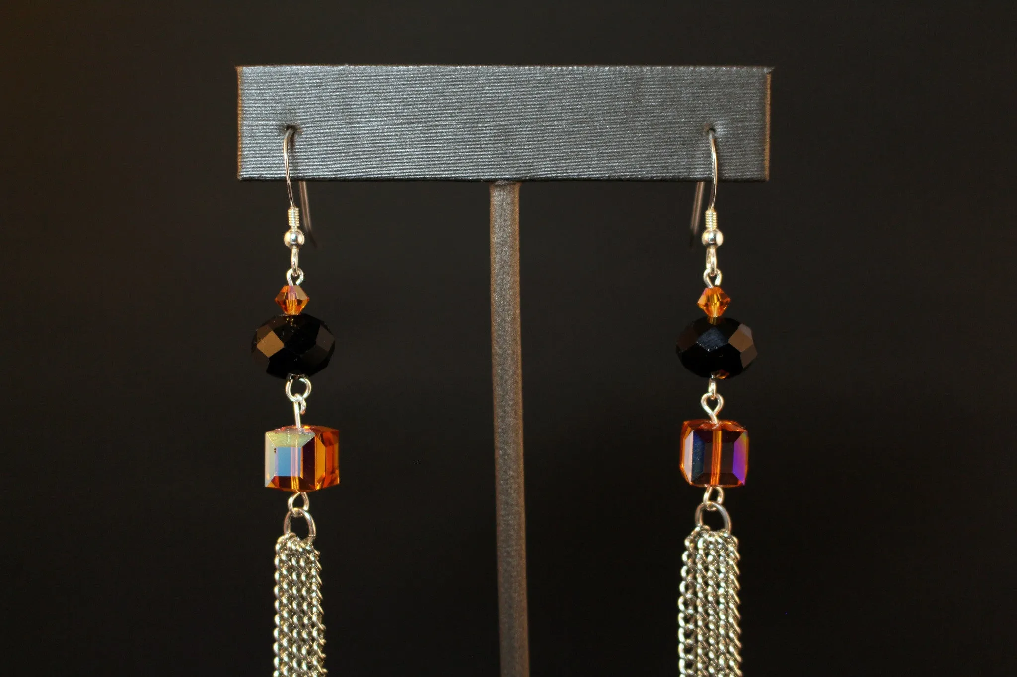 Swarovski Crystal Topaz, Cube, and Silver Chain Dangle Earrings