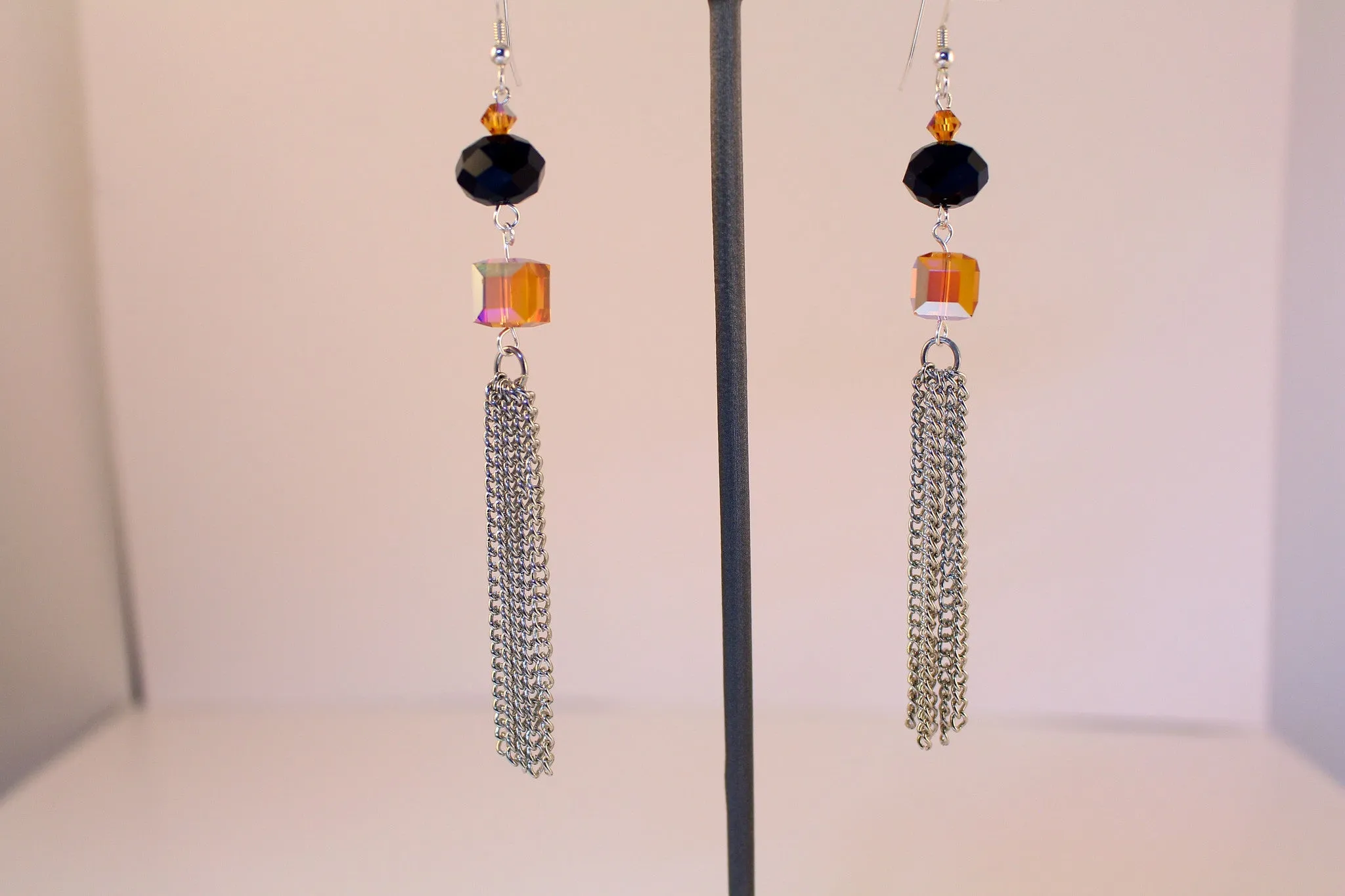 Swarovski Crystal Topaz, Cube, and Silver Chain Dangle Earrings