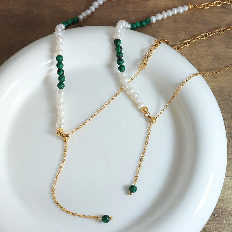 Turquoise Freshwater Pearl Tassel Necklace with Gold-Plated Titanium Chain