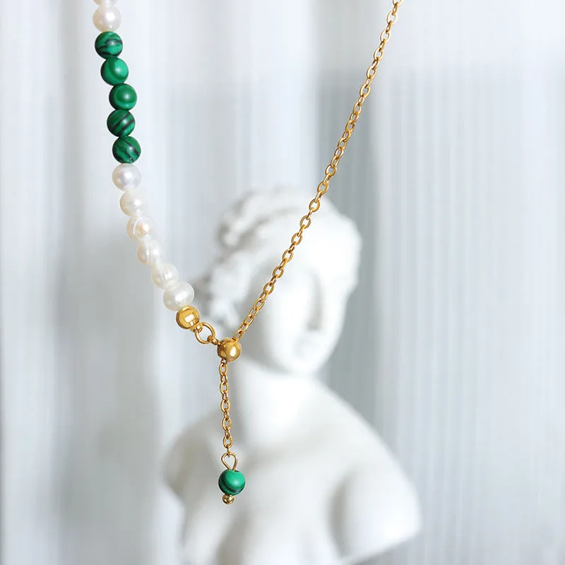 Turquoise Freshwater Pearl Tassel Necklace with Gold-Plated Titanium Chain