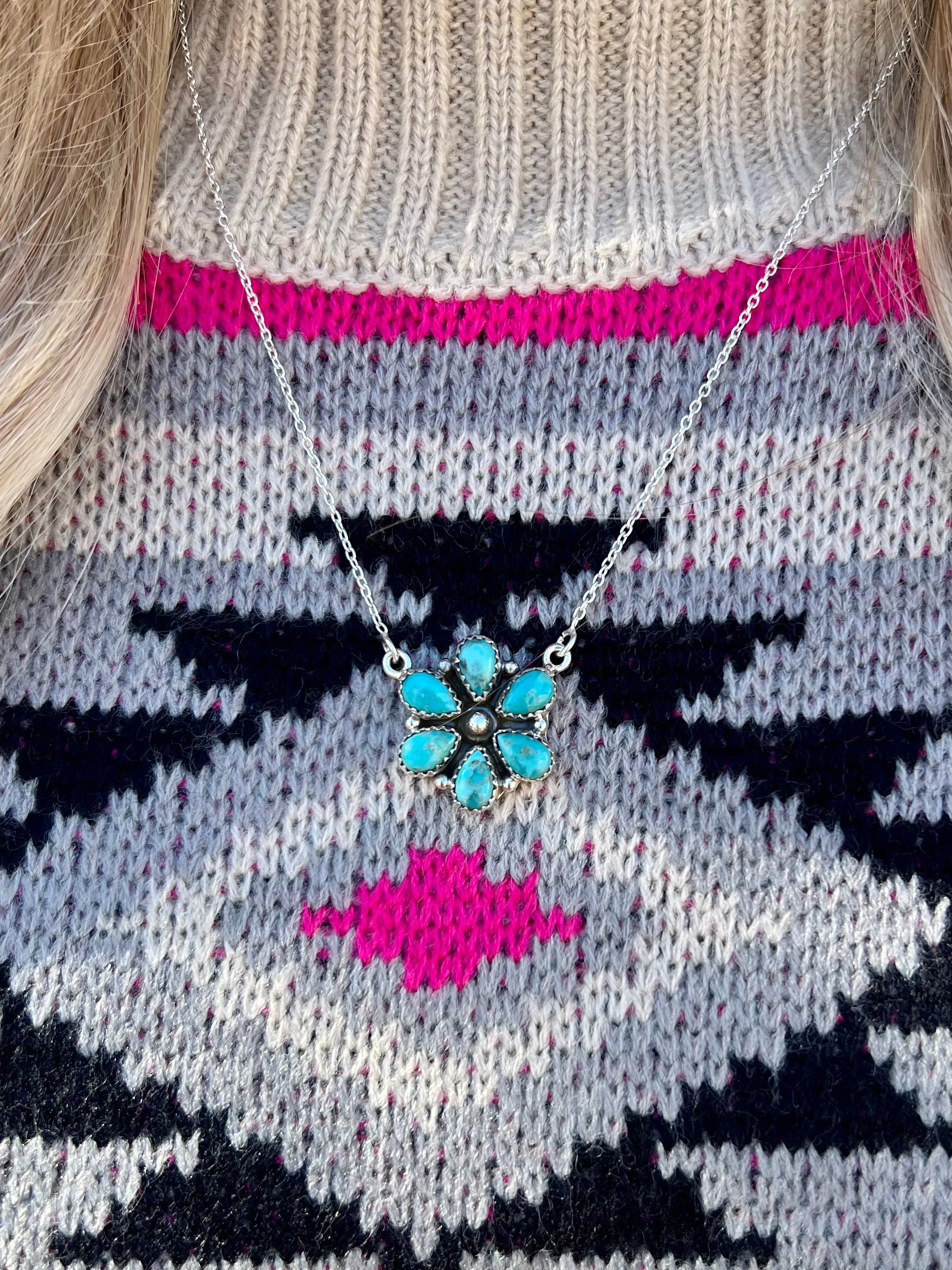 Turquoise Princess Flower Navajo Sterling Silver Necklace