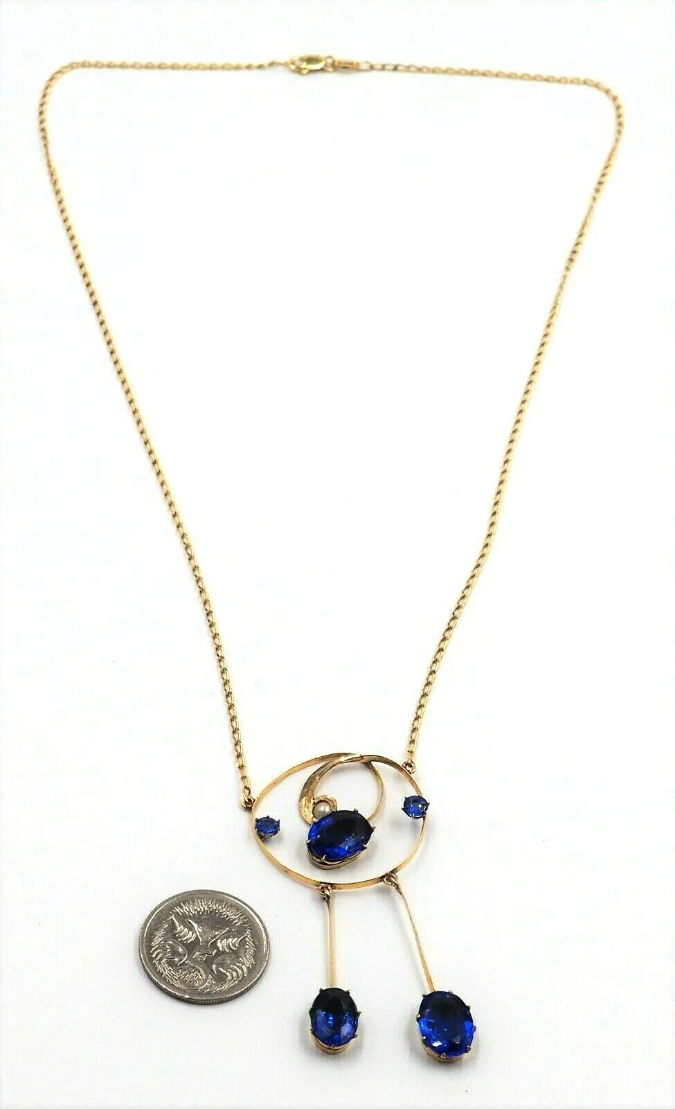 Vintage 9ct Yellow Gold Pearl & Blue Spinel Necklace