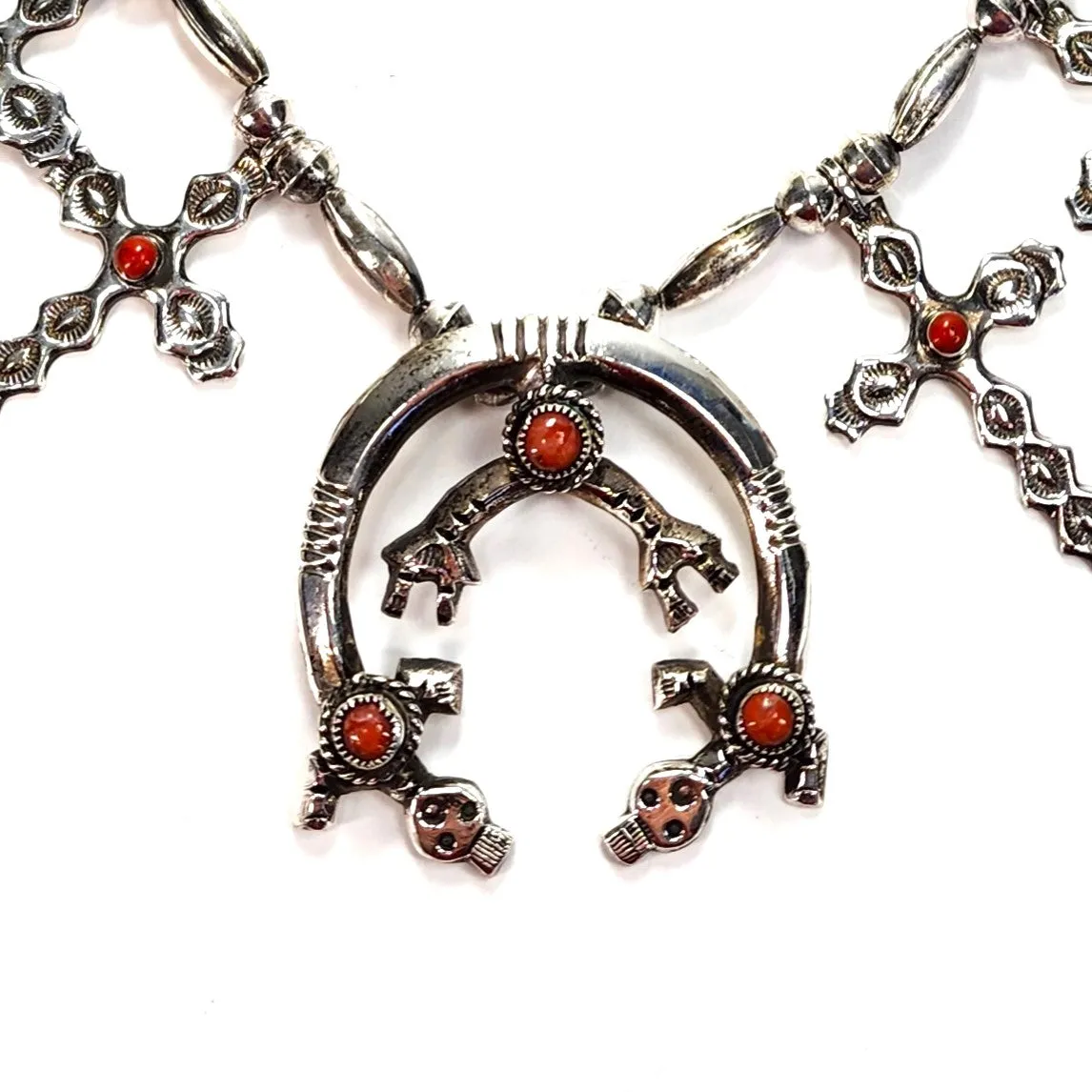 Vintage Rainbow Men & Crosses Coral Necklace - 26" Long