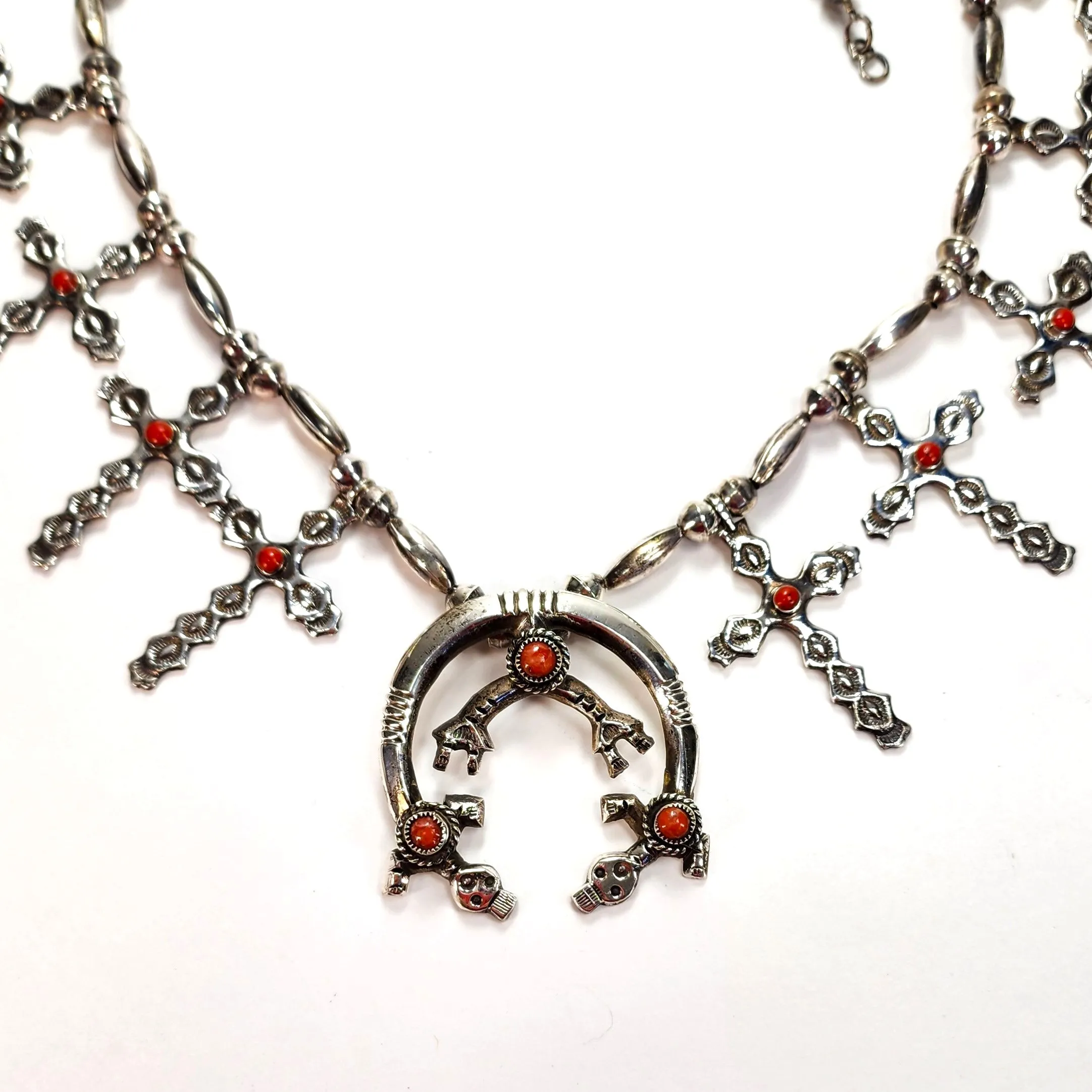 Vintage Rainbow Men & Crosses Coral Necklace - 26" Long