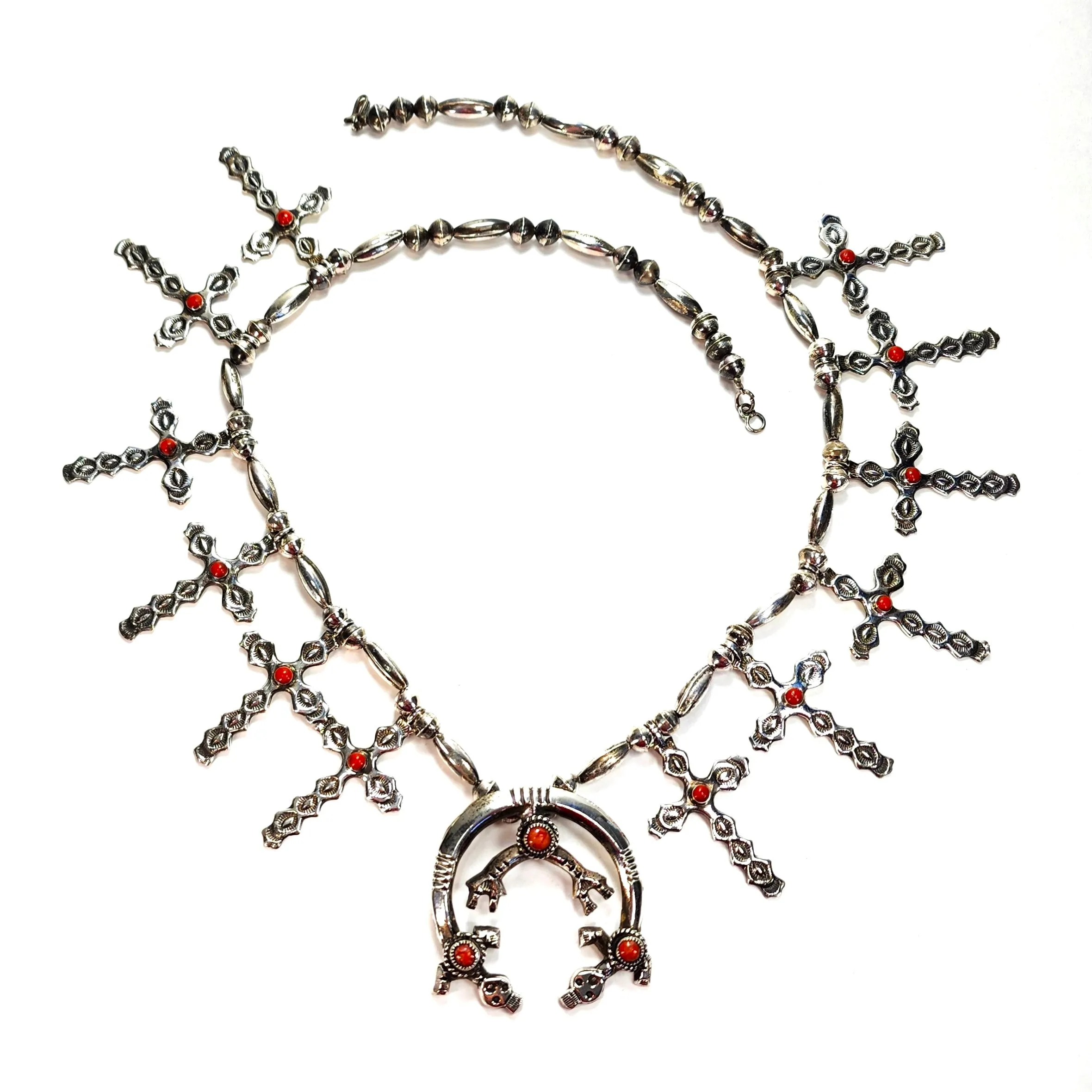 Vintage Rainbow Men & Crosses Coral Necklace - 26" Long
