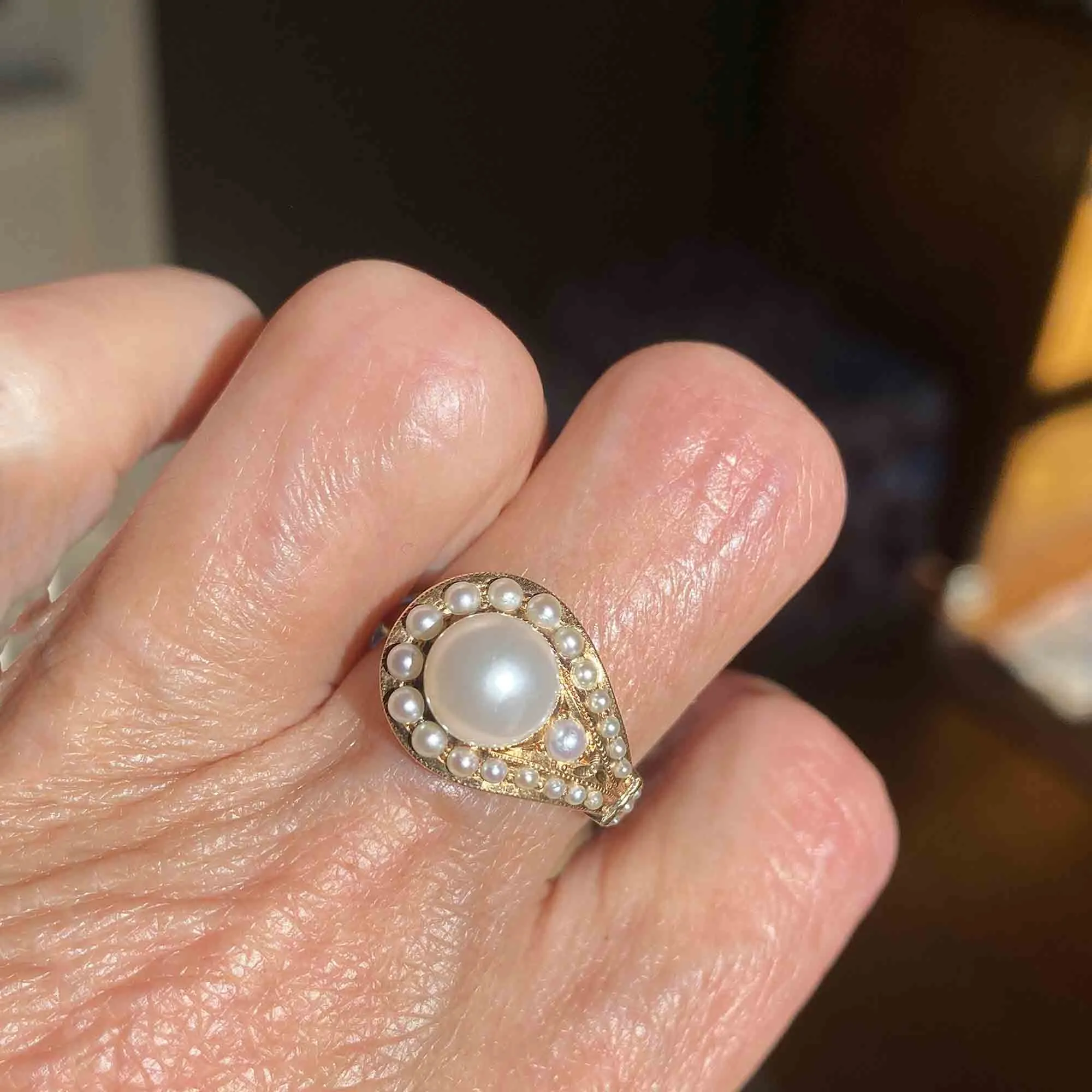 Vintage Retro 14K Gold Pearl Buckle Ring, Sz 9
