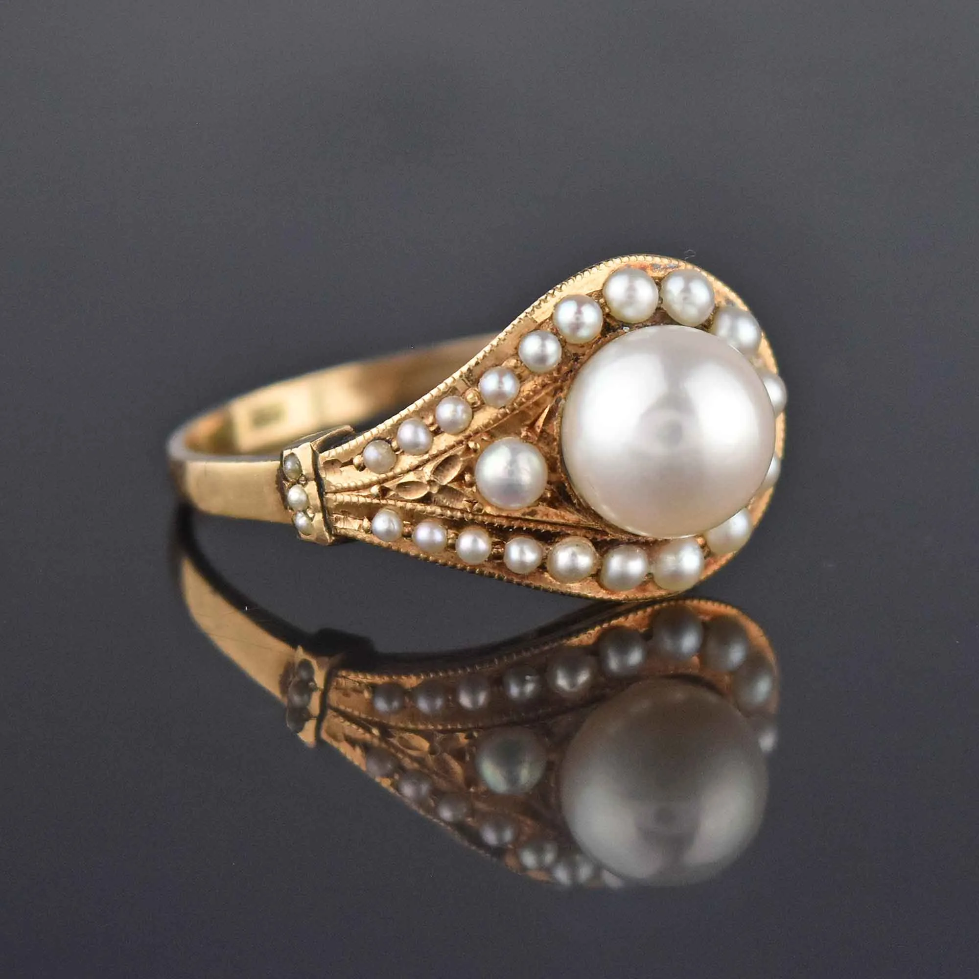 Vintage Retro 14K Gold Pearl Buckle Ring, Sz 9