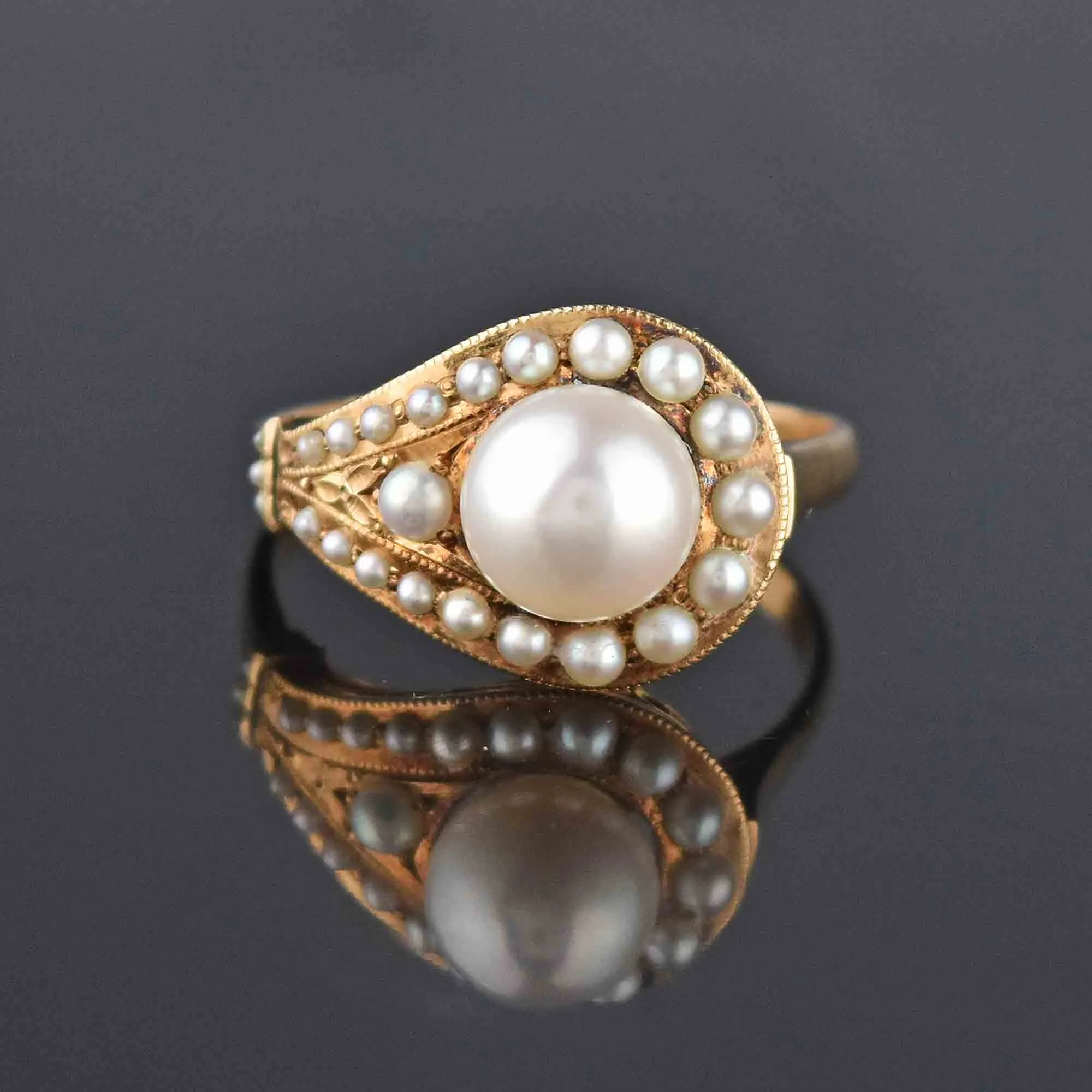 Vintage Retro 14K Gold Pearl Buckle Ring, Sz 9