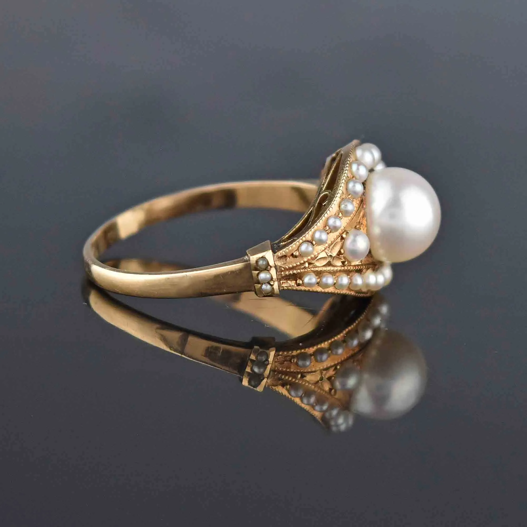 Vintage Retro 14K Gold Pearl Buckle Ring, Sz 9
