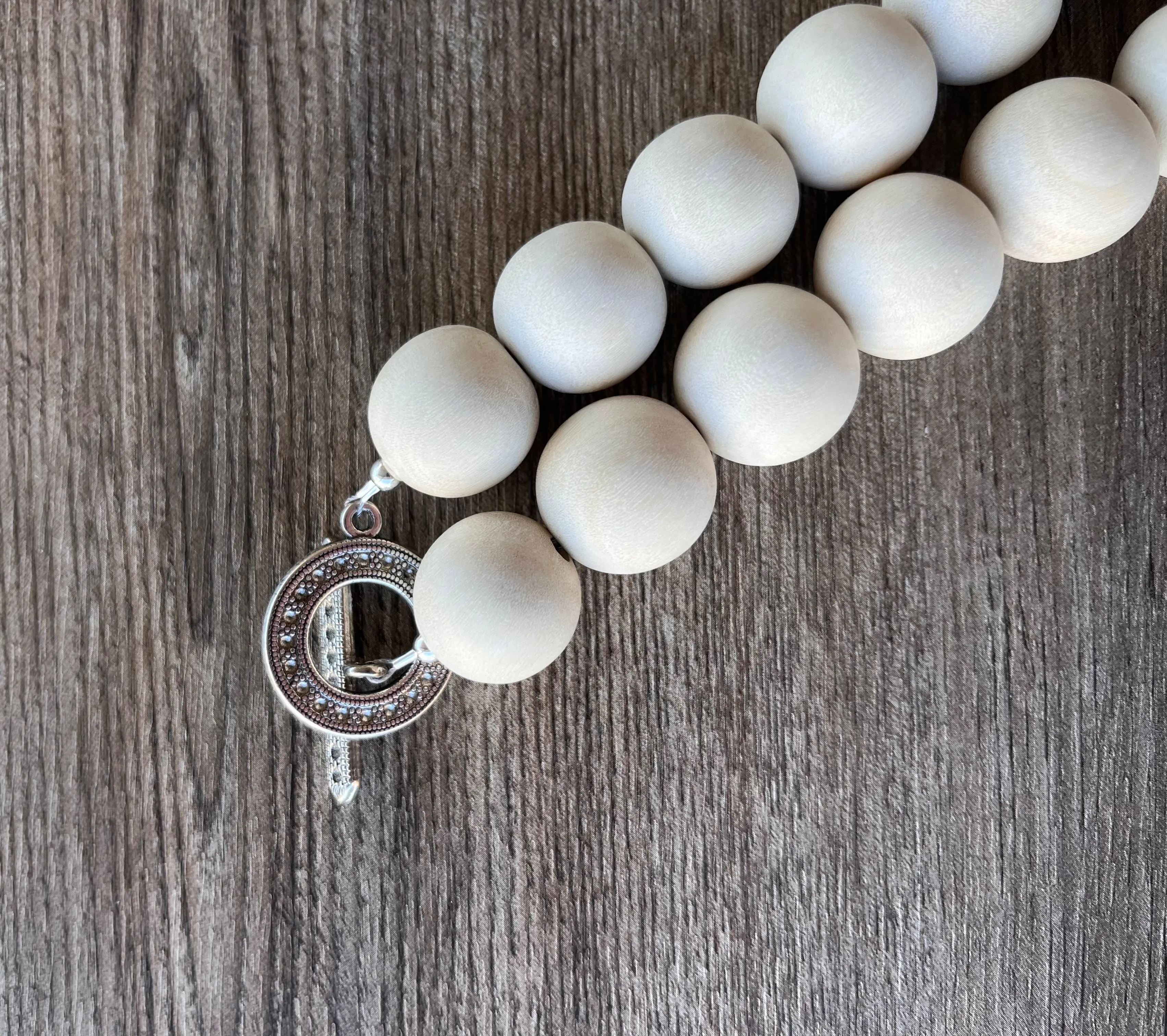 White Brown Chunky Wood Long Boho Beaded Statement Necklace - Elena