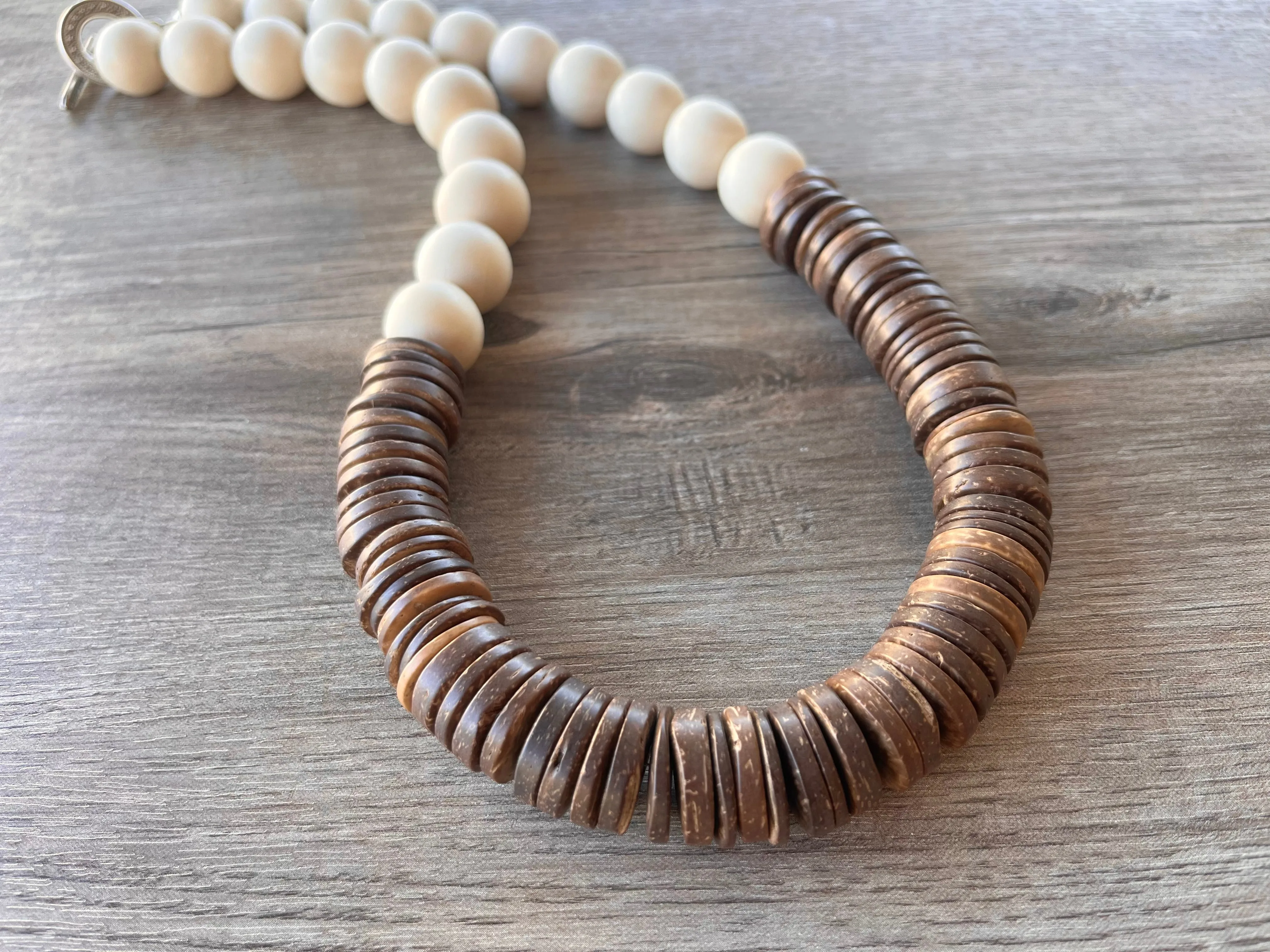 White Brown Chunky Wood Long Boho Beaded Statement Necklace - Elena