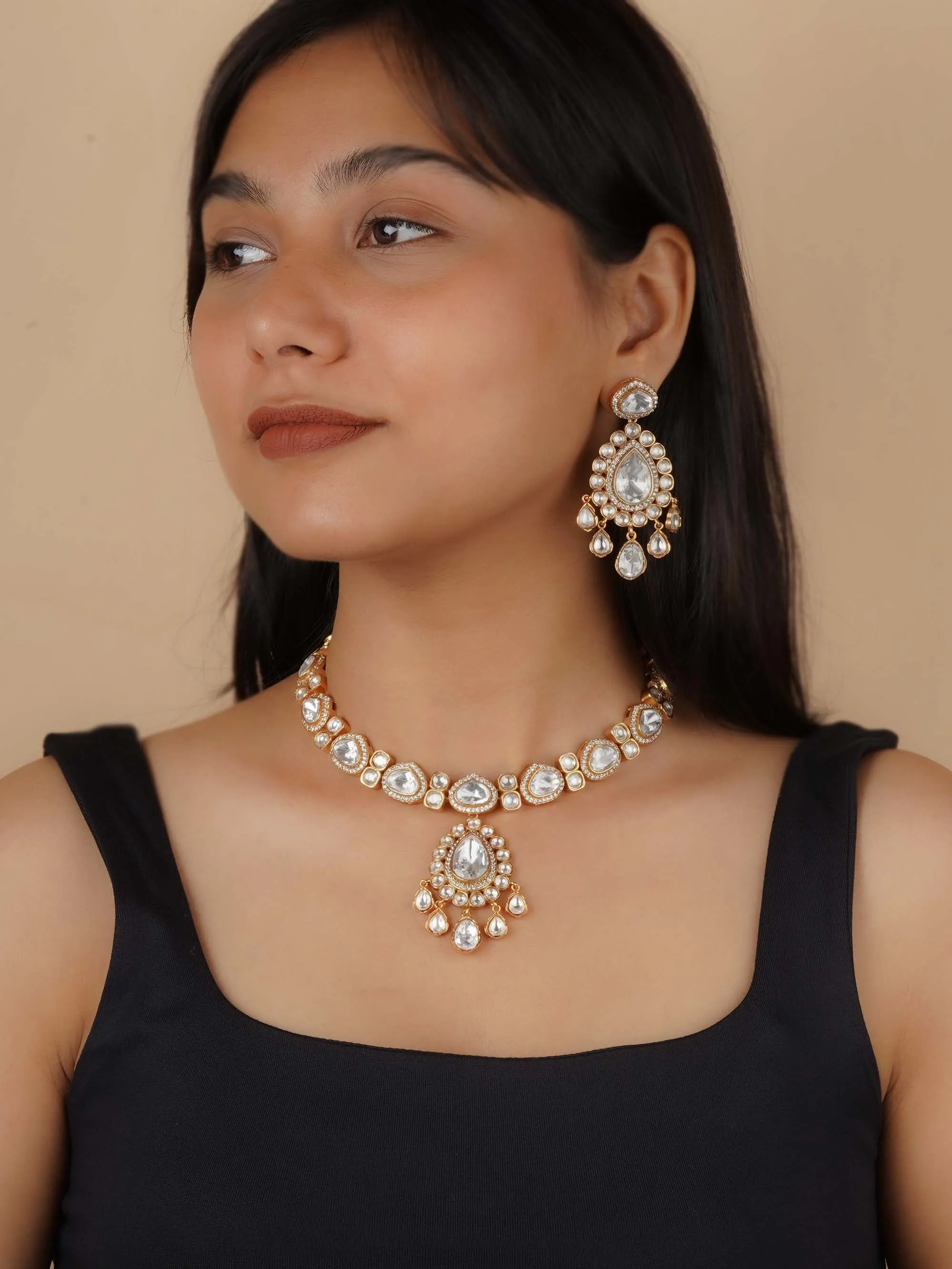 White Color Gold Plated Faux Polki Necklace Set - PK-S252